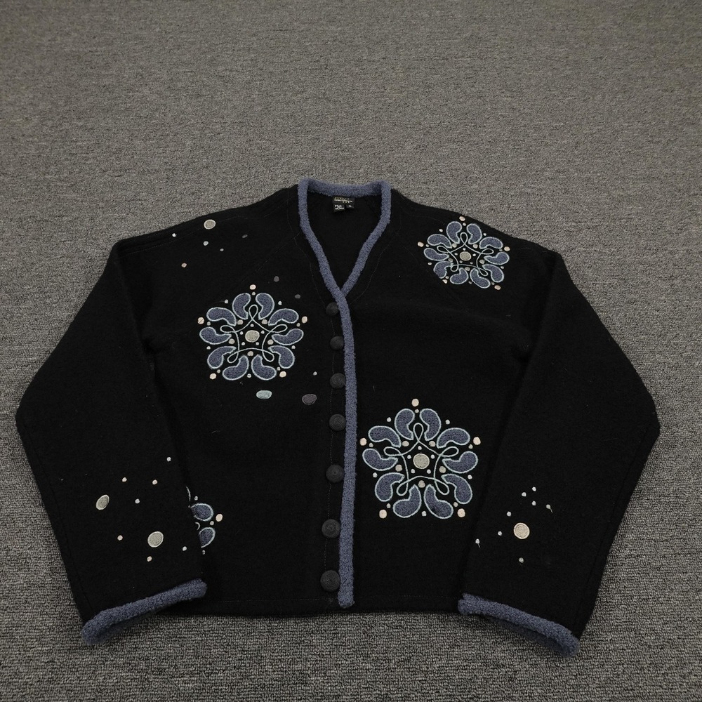 CoVelo‎ Sweater Cardigan Womens Small Black Blue Embroidered Button Front Wool
